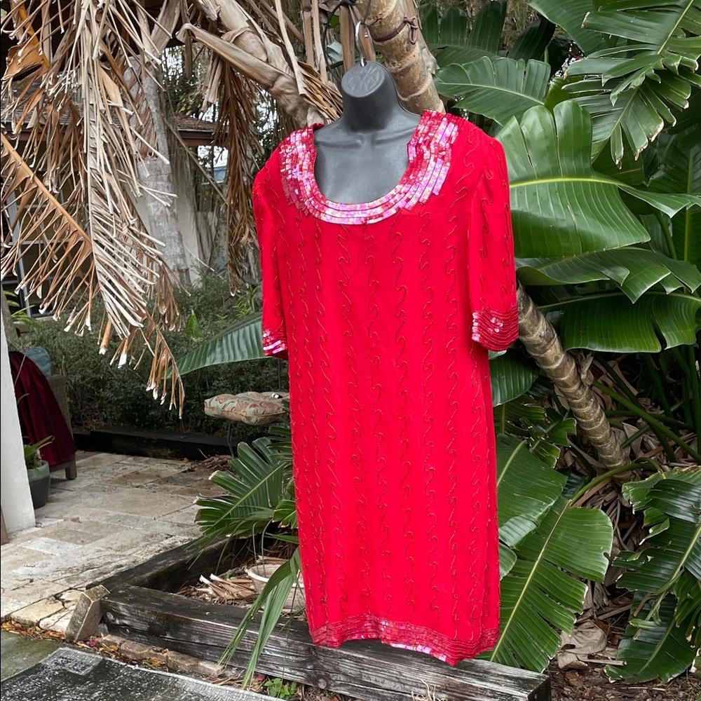 80s silk dress with beading sequins and large shoulder pads